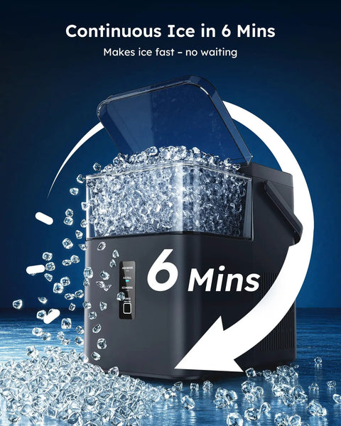 No Sweat Countertop Nugget Ice Maker With Easy Grip Handle Produces Up To 38 Pounds Of Chewable Ice Daily with ice dropping in 6 mins.
