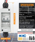 No Fuss Solar Panel Disconnect Switch 1000V 30A PV Breaker IP65 showing specifications, installation details, and compact design.