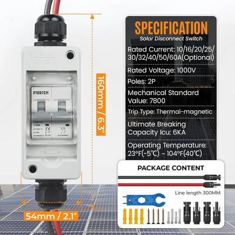 No Fuss Solar Panel Disconnect Switch 1000V 30A PV Breaker IP65 showing specifications, installation details, and compact design.