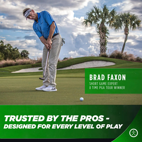 Golfer putting on green, palm trees in background, promoting Golf Swing And Stroke Analyzer With Real Time Feedback GEN3 Sensor