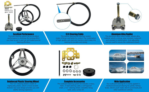 Outboard Rotary Boat Steering Kit With High Performance Marine Cable System, aluminum alloy rudder, plastic steering wheel