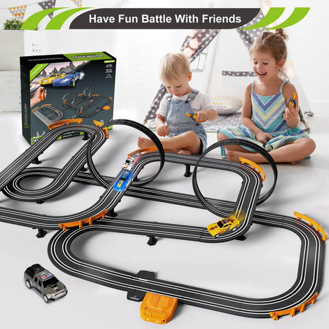 Kids playing with Action Packed Slot Car Race Track Set With Electric Or Battery Power Includes Four High Speed Cars Two Hand Controllers