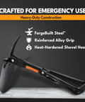 Foldable 18 Inch Survival Shovel With Saw Edge Military Grade Carbon Steel shown folded with features highlighted.
