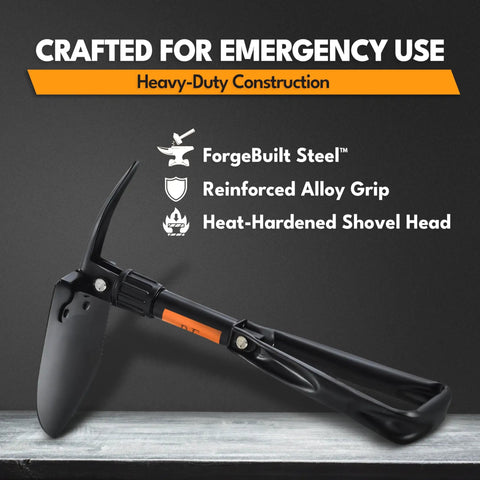 Foldable 18 Inch Survival Shovel With Saw Edge Military Grade Carbon Steel shown folded with features highlighted.