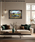 Farmhouse Open Window Barn Scene Wall Art With Vintage Blue Pickup And American Flag Panoramic Rural Landscape Canvas Print For Living Room And Kitchen 24 By 32 Inches displayed in modern living room.