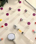 20 Pack 3Ml Sealed Sterile Empty Vials With Self Healing Injection Port Glass Penicillin Bottle And 20 Purple Label Stickers For Medical Prep At Home Or Lab Use, displayed with purple caps and assorted capsules.