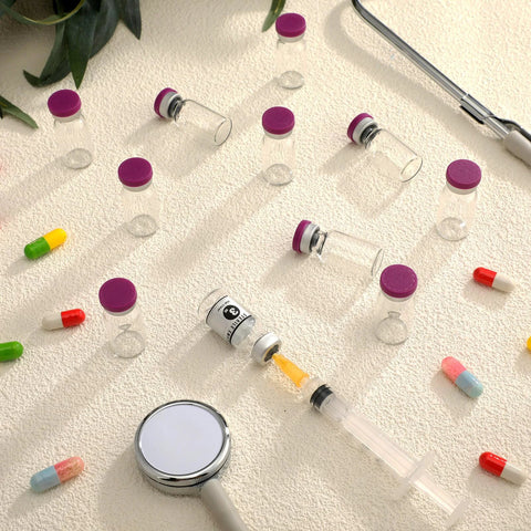 20 Pack 3Ml Sealed Sterile Empty Vials With Self Healing Injection Port Glass Penicillin Bottle And 20 Purple Label Stickers For Medical Prep At Home Or Lab Use, displayed with purple caps and assorted capsules.