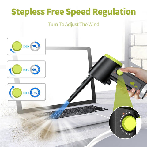 Electric Cordless Air Duster Handheld With Stepless Speed, 41000 RPM Motor, 6000mAh Battery in use, clearing laptop dust