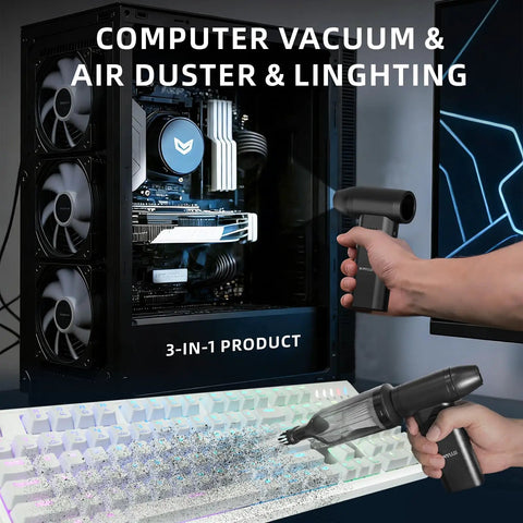 3 In 1 Cordless Air Duster And Mini Vacuum With LED Light USB C Rechargeable 180000 RPM 5 Speeds cleaning keyboard and PC case