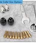 Go-To 16 Piece Drill Chuck Collet Set For Dremel Rotary Tools displayed with brass collets, metal nut, wrench, and hex key on marble surface