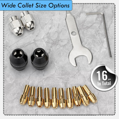 Go-To 16 Piece Drill Chuck Collet Set For Dremel Rotary Tools displayed with brass collets, metal nut, wrench, and hex key on marble surface