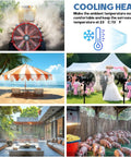 Cooling applications of outdoor misting system including patio, greenhouse, wedding tent, beach umbrella, and farm animals.