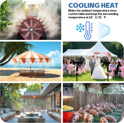 Cooling applications of outdoor misting system including patio, greenhouse, wedding tent, beach umbrella, and farm animals.