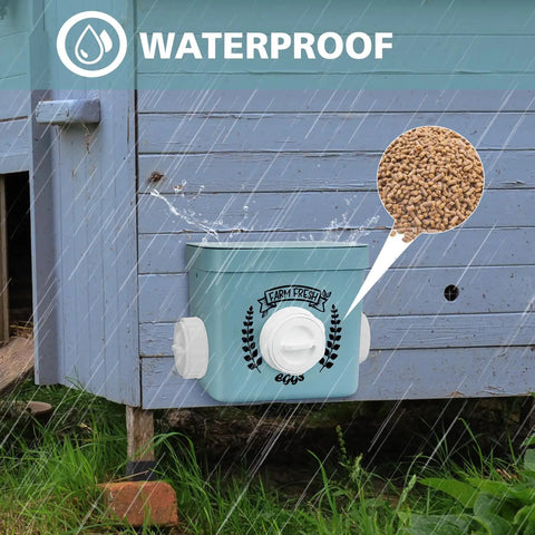 Straight Up No Mess Chicken Feeder For Chicks And Hens Heavy Duty Waterproof Poultry Dispenser showing feed and rain protection.