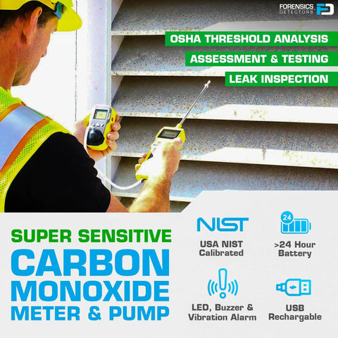 CO Detector With Built In Pump For Easy Air Sampling No Joke 0 To 1000 PPM Range USA NIST Calibrated USB Rechargeable Device