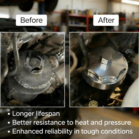 Before and after installation of Fuel Filter Housing Cover Cap Replacement For Ram 6 7L Diesel 2011 To 2024 2500 3500 4500 5500 Pickup 2010 Ram 2500 3500 Cummins Diesel Engine Billet Aluminum Silver
