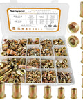 Rock Solid 420 Piece Metric And Sae Rivet Nuts Assortment Kit Featuring Zinc Plated Carbon Steel Thread Inserts in a storage box.
