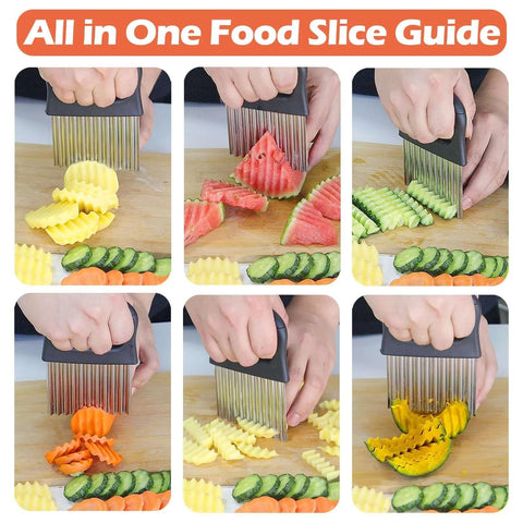 Hendiy crinkle cutter with stainless steel blades and black handle for waffle-cut fries.