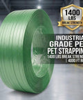 Heavy Duty Green Polyester Strapping Roll For Solid Pallet Securing 5/8 Inch Wide By 4000 Feet Long Yields 1400 Lbs Break Strength Plus Uv Resistance And Lightweight Core Gear Which Handles Rough Loading Jobs Like Butter on display in warehouse