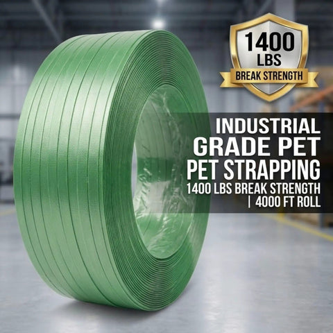 Heavy Duty Green Polyester Strapping Roll For Solid Pallet Securing 5/8 Inch Wide By 4000 Feet Long Yields 1400 Lbs Break Strength Plus Uv Resistance And Lightweight Core Gear Which Handles Rough Loading Jobs Like Butter on display in warehouse