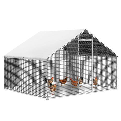 Walk In Chicken Coop With Run And Galvanized Enclosure, Waterproof UV Cover, And Secure Lock For Rabbits Or Ducks, shown with chickens