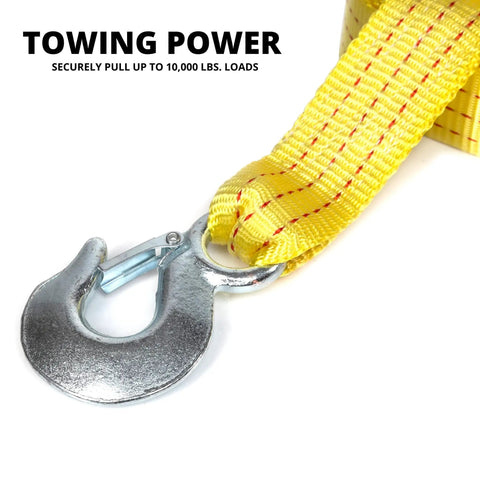 Close-up of Heavy Duty Tow Strap With Hooks, 2 Inch By 20 Foot, 10,000 Pound Capacity, Bright Yellow Polyester Webbing Recovery Strap