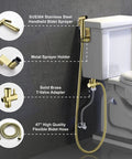 Handheld Bidet Sprayer For Toilet In SUS304 Stainless Steel Brushed Gold Kit With 47 Inch Hose Brass Seven Eighth Inch T Valve Includes Holder O Rings Teflon Tape For Diapers Pets And Feminine Hygiene Easy Install attached beside toilet