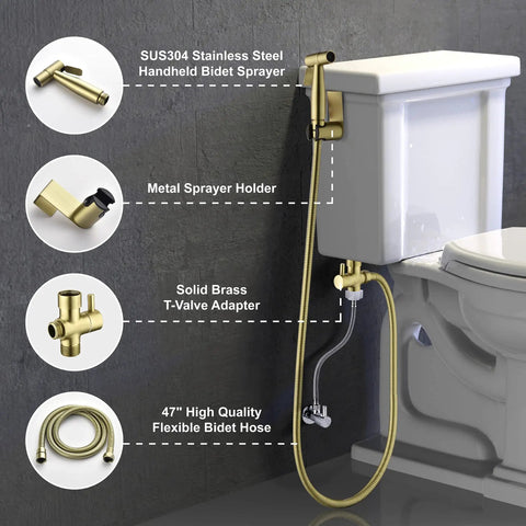 Handheld Bidet Sprayer For Toilet In SUS304 Stainless Steel Brushed Gold Kit With 47 Inch Hose Brass Seven Eighth Inch T Valve Includes Holder O Rings Teflon Tape For Diapers Pets And Feminine Hygiene Easy Install attached beside toilet