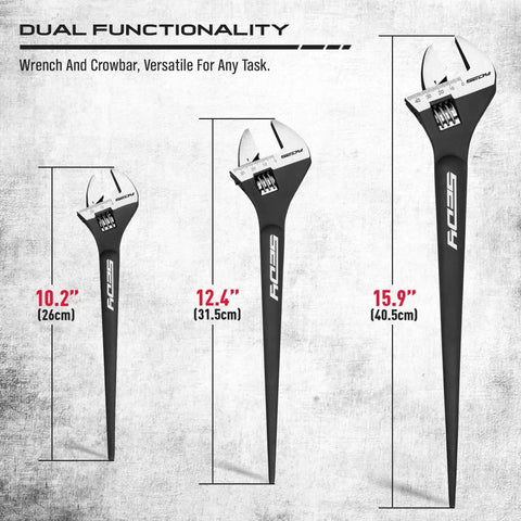 Beefy 3 Piece Adjustable Spud Wrench Set With 10 12 And 16 Inch Sizes CRV Steel Black Oxide Finish shown vertically with dimensions.