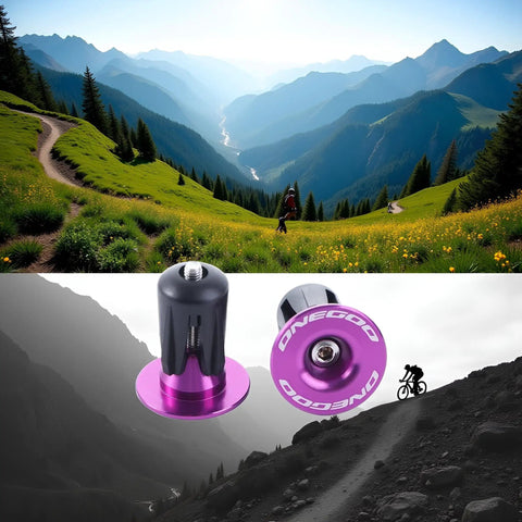 Purple Aluminum Bike Bar End Caps For 15 To 20.5 Mm Handlebar Diameters Universal Fit For MTB And Road Bikes Easy Install End Plugs Durable Alloy Protect Grips Stems And Headsets Set Of 2 with mountain biking background