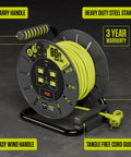 80 Foot Retractable Cord Reel With Winding Handle 4 Grounded Outlets 13 Amp 14 AWG Cable Safety Overload Breaker and Power Switch