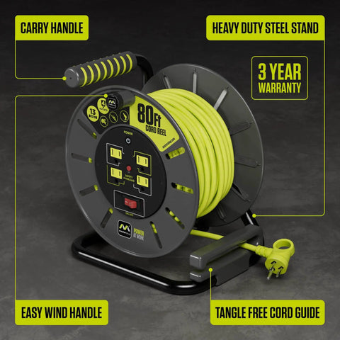 80 Foot Retractable Cord Reel With Winding Handle 4 Grounded Outlets 13 Amp 14 AWG Cable Safety Overload Breaker and Power Switch