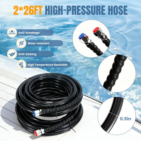 Beefed Up 150HP Outboard Hydraulic Steering Kit with Hydraulic Pump Cylinder Two 26 Foot Nylon Hoses, coiled on deck