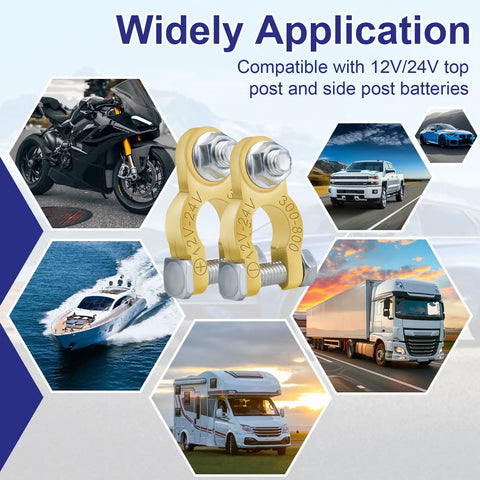 Heavy Duty One Pair Battery Terminal Connectors With Color Coded Washers Solid Brass Battery Post Adapter For Plug And Go Setup and Tight Seal Reliability Built Like A Tank showing compatibility with various vehicles.