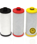 Three different AQ-5300R Replacement Under Sink Water Filter cartridges for Claryum 3-Stage System with colored tops.