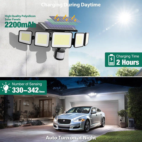 Solar Motion Flood Lights Outdoor 4000LM 236 LED 5 Head Security Wall Lights With Remote IP65 illuminating driveway at night