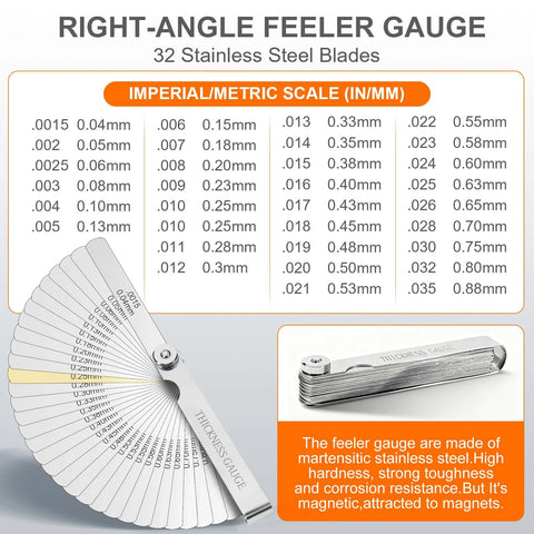Stainless steel feeler gauge set with 32 straight blades and 16 angled blades; fan layout with thickness gauge.