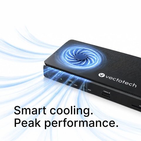Top Shelf 12-In-1 Thunderbolt 5 Docking Station Featuring Integrated M.2 NVMe Bay Yields Dual 6K Outputs On Mac And Pushes Sick Triple 4K 144Hz Video For Creator Workstations Fr While Delivering A Rocksteady 140W PD Charge Cleanly with cooling fan.
