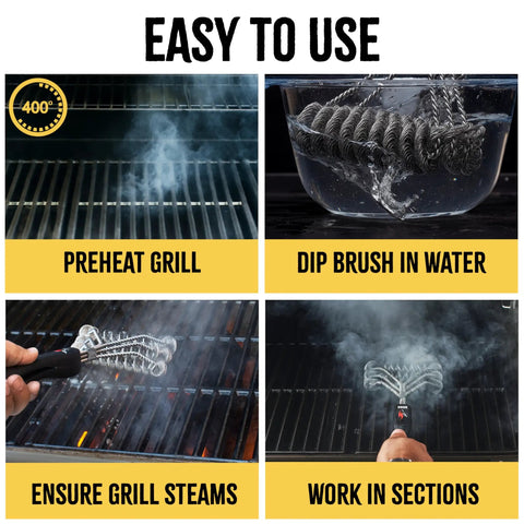 Guide on using Bristle Free Grill Brush For All Grills Rust Resistant Stainless Steel BBQ Cleaner on a hot steaming grill.