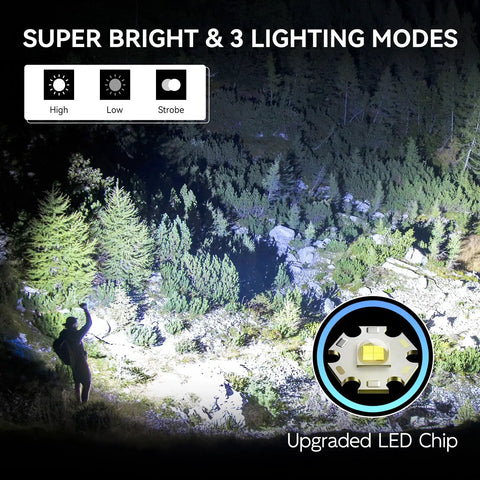 Beast Mode Bright Type C Rechargeable Flashlight With High Lumen Output in use, illuminating a forest with three lighting modes.