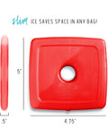 Front and side views of a red 5x4.75 inch ice pack from 4 Pack Slim Ice Packs for Lunch Boxes and Coolers, Quick Freeze, Reusable and Durable.