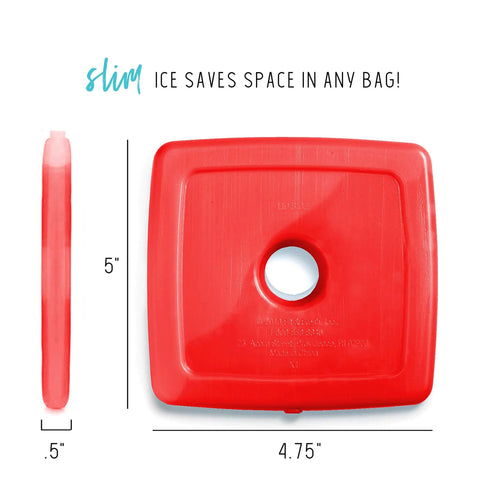 Front and side views of a red 5x4.75 inch ice pack from 4 Pack Slim Ice Packs for Lunch Boxes and Coolers, Quick Freeze, Reusable and Durable.