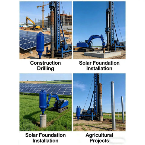 Beefy Hydraulic Earth Auger Attachment For 2-10 Ton Excavators in various drilling and installation projects in solar and agriculture.