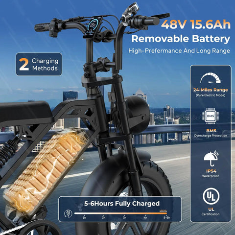 Raw Power 1000W Fat Tire Electric Bike with 48V 15.6Ah removable battery featuring a unique transparent accent design on display.