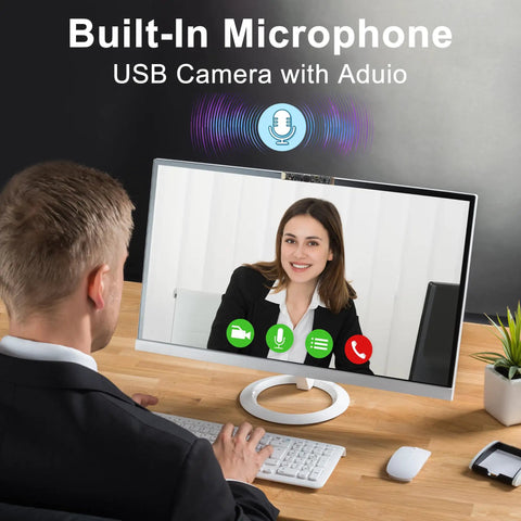 Man using computer with 8MP USB Webcam With Microphone Autofocus For PC, Laptop And Laser Engravers, Plug And Play Camera Module For Lightburn