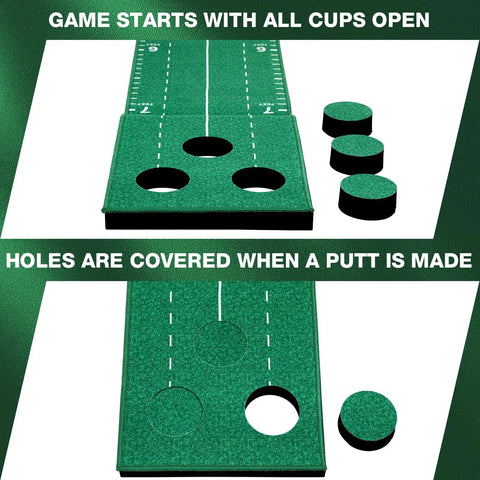 Indoor Golf Putting Green Game Set With Metal Putter And Balls, 8.5 Ft Velvet Track Three Hole Putt Mat in two setup modes