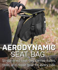 Aero Wedge Pack With Strap Mount For Bike Seat Post on bicycle, large black storage bag made from durable 1200D polyester.