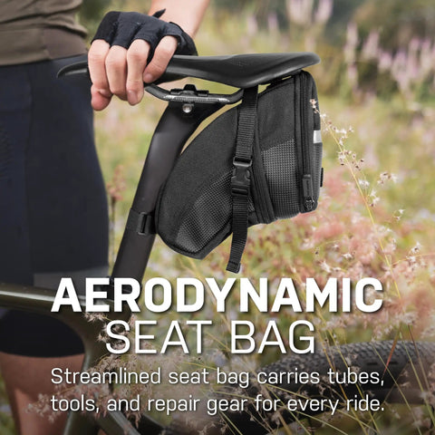 Aero Wedge Pack With Strap Mount For Bike Seat Post on bicycle, large black storage bag made from durable 1200D polyester.