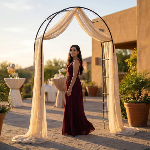 Woman under Sturdy Garden Pergola Arbor Arch Trellis With 55 Inches Wide And 94.5 Inches Tall Built To Last at outdoor event
