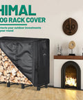 8Ft Firewood Rack Cover Waterproof Ultra Tough 600D Oxford Canvas with buckle straps, covering logs in indoor setting.